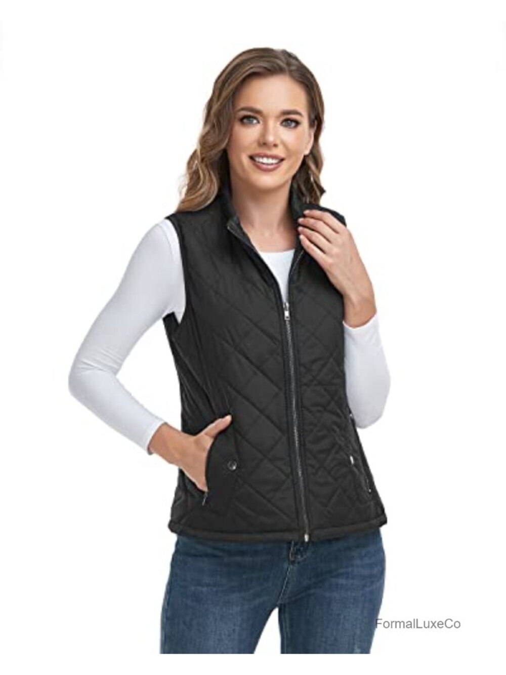 Women's Quilted Vest Stand Collar Zip Lightweight Sleeveless Polyester - Picture 4 of 6